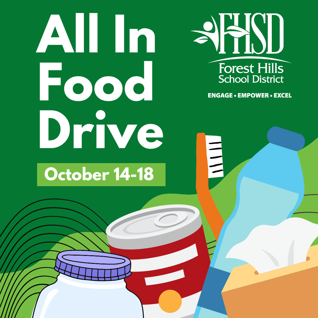 Graphic with the FHSD logo that says "All In Food Drive October 14-18"